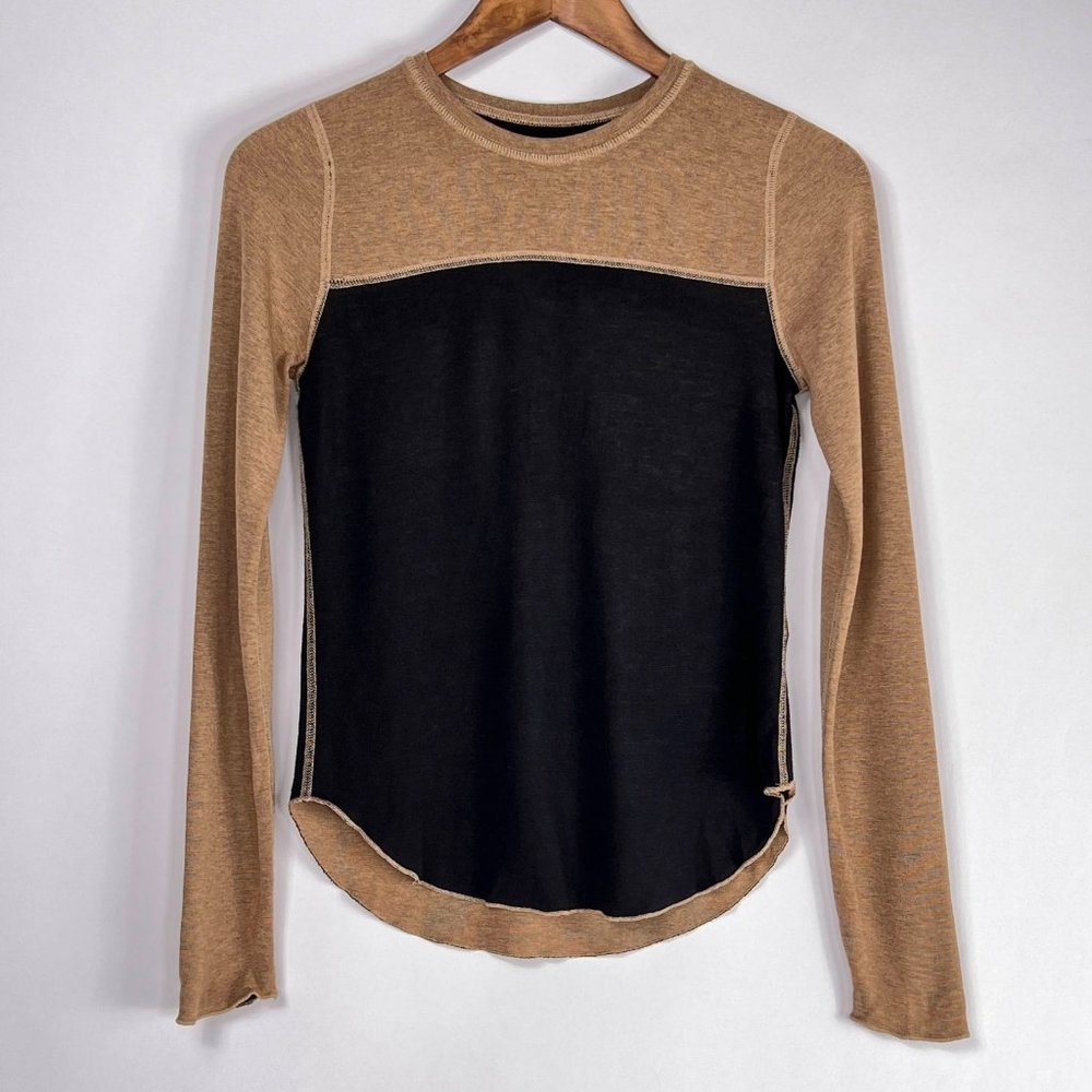 Three Dots Reversible Beige Black Colorblock Long Sleeve Stretch Top XS USA Made - Picture 2 of 7
